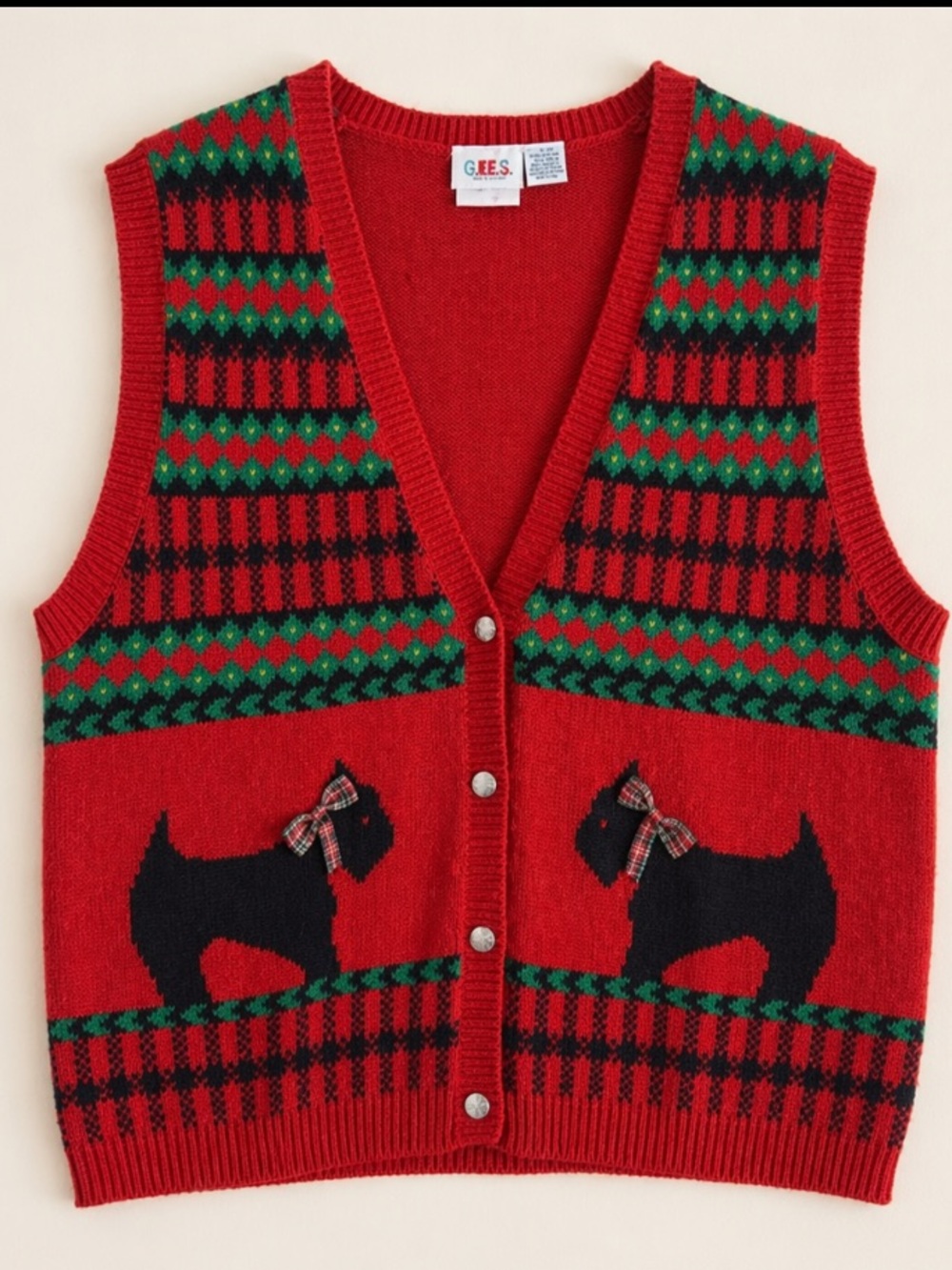 Y2K Alia Red Christmas Sweater Vest L Scottie Dog Fair Isle Button Front Quirky